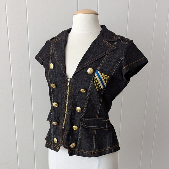 Vintage Y2K Dark Wash Denim Military Style Top by What's Hot Size M - Picture 1 of 7